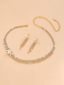 Juego de 3 piezas de joyería elegante francesa para mujer, collar con lazo + pendientes, elegante adecuado para boda, banquete, baile, ceremonia de graduación, regalo del Día de San Valentín - Dorado - Ver 3