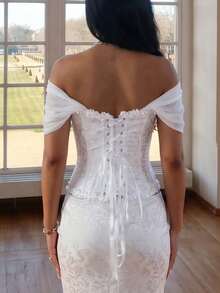 Yuwenier White Romantic Corset Top Jacquard Satin Bandeau Organza Ruffle Sleeves Lace Decor Strapless Top Halloween Stage Performance Costume - White - View 6