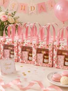 1/5/12pcs Pink Floral Transparent Window Gift Boxes, Birthday, Baby Shower, Wedding Party Favor Bags, Candy & Snack Packaging Set - Cherry Blossom Box - View 3