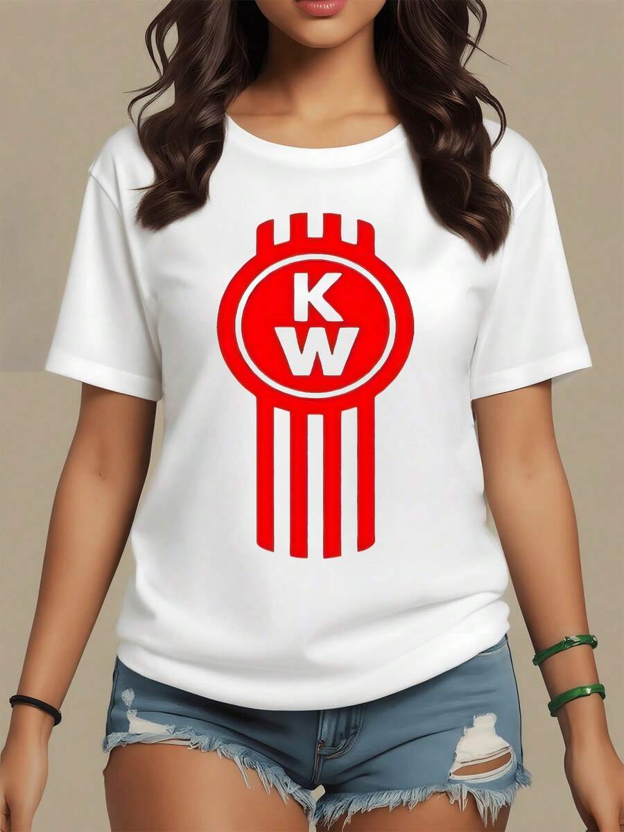 Emblema circular rojo con letras KW simboliza fuerza y potencia automotriz impreso en esta suave camiseta de mujer muy cómoda - Blanco - Ver 1