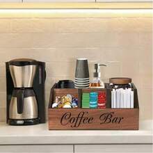 1pc 5-Compartment Wooden Coffee Bar Storage Box, Vintage Farmhouse Style Countertop Organizer, Suitable For Coffee Capsules, Coffee Cups, Spoons And Accessories, Farmhouse Style Kitchen Coffee Station Decor - Multicolor - View 1