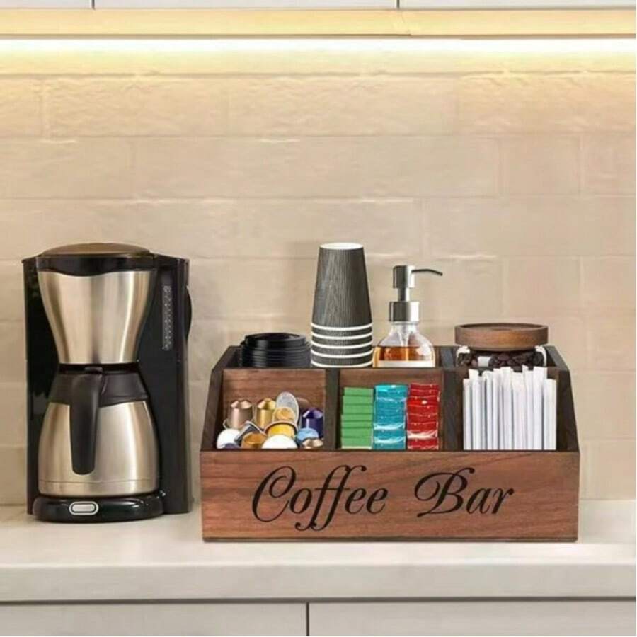 1pc 5-Compartment Wooden Coffee Bar Storage Box, Vintage Farmhouse Style Countertop Organizer, Suitable For Coffee Capsules, Coffee Cups, Spoons And Accessories, Farmhouse Style Kitchen Coffee Station Decor - Multicolor - View 1