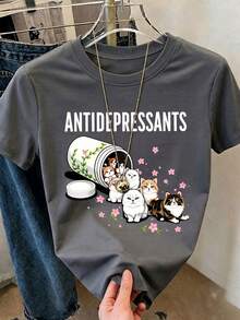 1件女款夏季圓領寬鬆休閒短袖T恤上衣，INS風格，寵物抗憂鬱，趣味卡通櫻花貓「ANTIDEPRESSANTS」字母印花圖案T恤，適合度假、辦公室、外出、休閒日常、約會、派對、聚會、街頭穿搭，給朋友和寵物愛好者的節日禮物 - 深灰色 - 查看 1
