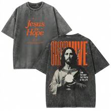 Camiseta Lavada Vintage Algodón Grueso con Doble Estampado Ilustrativo Gráfico, Corte Unisex Variedad de Tallas, Prenda Casual Moda Urbana Estilo Dibujo Manga - Gris - Ver 1