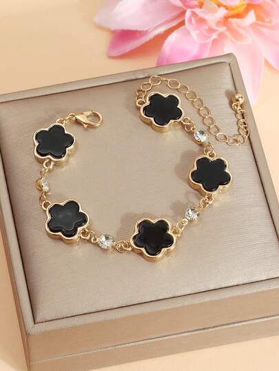 1 buah Gelang Minimalis Fashion dengan 5 Kelopak Bunga & 5 Daun Semanggi, Manis & Serbaguna untuk Musim Panas, Bertatahkan Berlian Imitasi, Pesona Bergaya, Sempurna untuk Pemakaian Sehari-hari/Hadiah