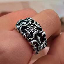 1pc Vintage Thai Silver Plated Cross Ring, Men's Personalized Hip-Hop Punk Distressed Adjustable Open Band Ring - Cross Ring for Men - View 5