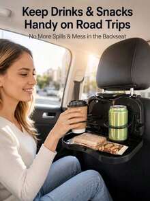 Foldable Car Back Seat Headrest Food Tray Table, Dual Retractable Cup Holders, Universal Car Rear Seat Beverage & Snack Storage Organizer, Portable Car Headrest Mounted Dining Tray Accessory - A - View 3