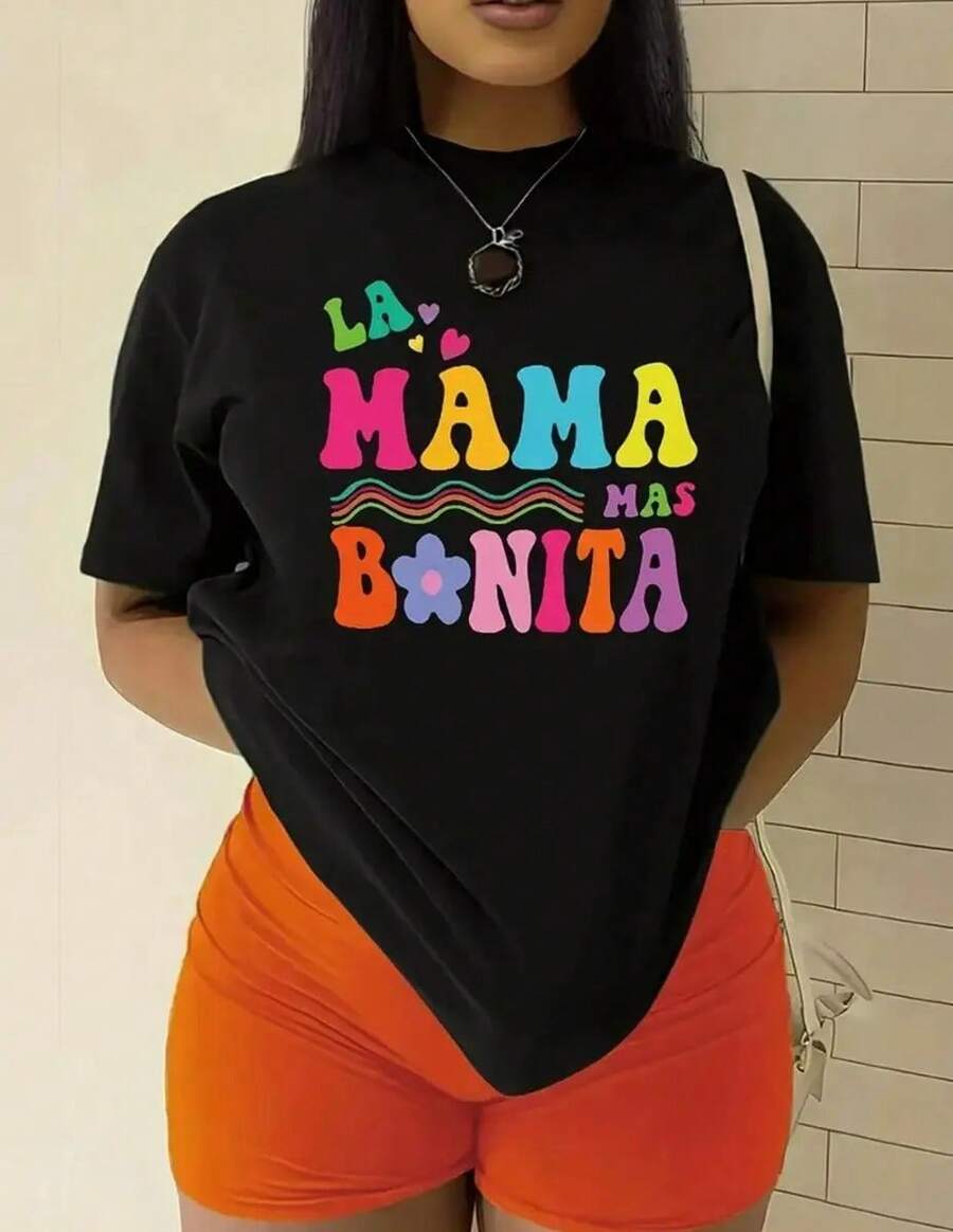New Summer Lightweight Women's Shirts, Round Neck T-Shirt With Cutest Mom Print, Casual Short Sleeve T-Shirt For Spring And Summer, Women's Clothing - 黑色 - 查看 1