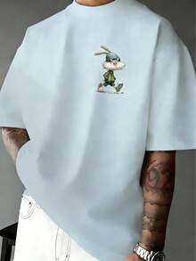 Light Blue Vintage Workwear Angry Rabbit Back Print Short Sleeve T-Shirt Men Plus Size Loose Drop Shoulder Casual Top - Baby Blue - View 2