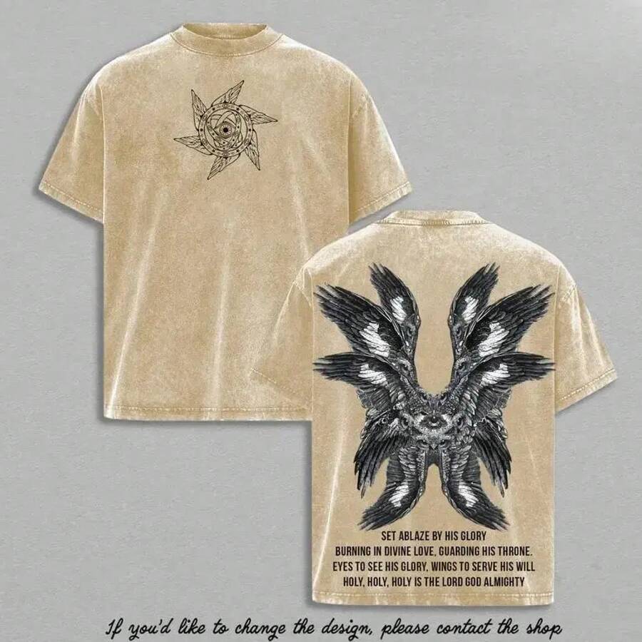 Vintage Washed T-Shirt, Thick Cotton With Double Graphic Illustrative Print, Unisex Cut, Variety Of Sizes, Casual Garment, Urban Fashion, Manga Style - 杏色 - 查看 1