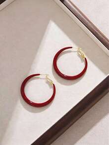 1pair Vintage Style Red Drip Glaze Circle Shaped Hoop Earrings For Women, With Unique Design And High Fashion Sense - Red - View 3
