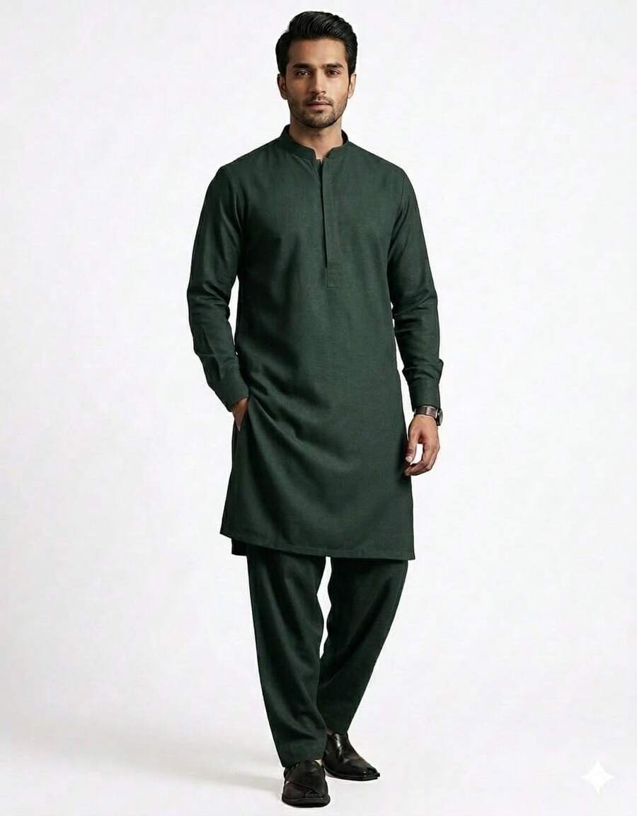 Estationeryhouse Raw Silk Kurta Pyjama For Men, With Cotton Lining And 2 Pockets - Bottle Green - View 1