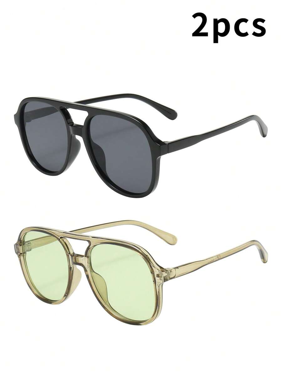2pcs Men's And Women's PC Material Double Bridge Large Frame High Quality Minimalist Personalized Fashion Glasses, Suitable For Travel, Vacation, Leisure, Party, Daily Decoration - 2-piece Combo Pack (Black + Green) - View 1