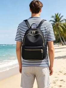 Mochila de moda para hombre de tela de nailon de unicolor, versátil, de gran capacidad, casual, para ir al trabajo y para estudiantes - Negro - Ver 3
