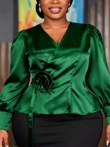Plus Size Green Elegant Satin Peplum Blouse With Waist Belt 3D Flower Long Sleeves Slim Fit Top Elegant Office Work Party Formal Occasion Fall Outfit - Green - View 3