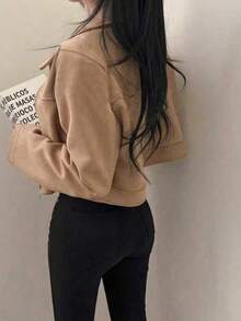 Women's Faux Suede Collar Solid Color Zip-Up Jacket, Casual Wear For School, Airport, Spring/Autumn - Yellow - View 4