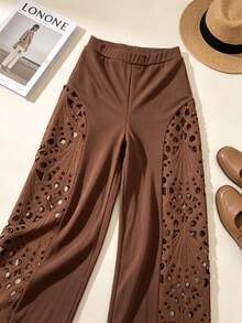European And American Cross-Border Spring/Summer Versatile High-Waisted Lace Hollow-Out Splicing White Flowy Wide-Leg Pants - Brown - View 5