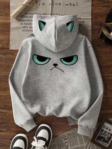 Tween Girl One-Piece Thermal-Lined Thick Warm Hooded Sweatshirt, Suitable For Young Students And Children, Long-Sleeved Tops For Autumn And Winter - Grey - View 2