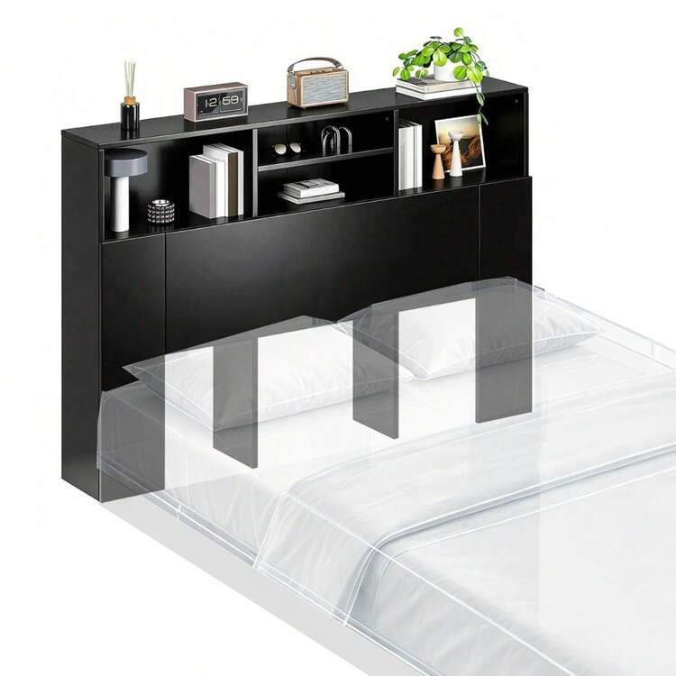 Double Headboard With LED Lights And Sockets For Bed - 黑色 - 查看 1