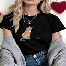 Cute Cat Graphic T-Shirt, 100% Cotton Oversized Soft Breathable Casual Crewneck Short Sleeve Top, Kawaii Aesthetic Summer Vibes Tee For Cat Lovers And Streetwear Fans - 黑色 - 查看 11