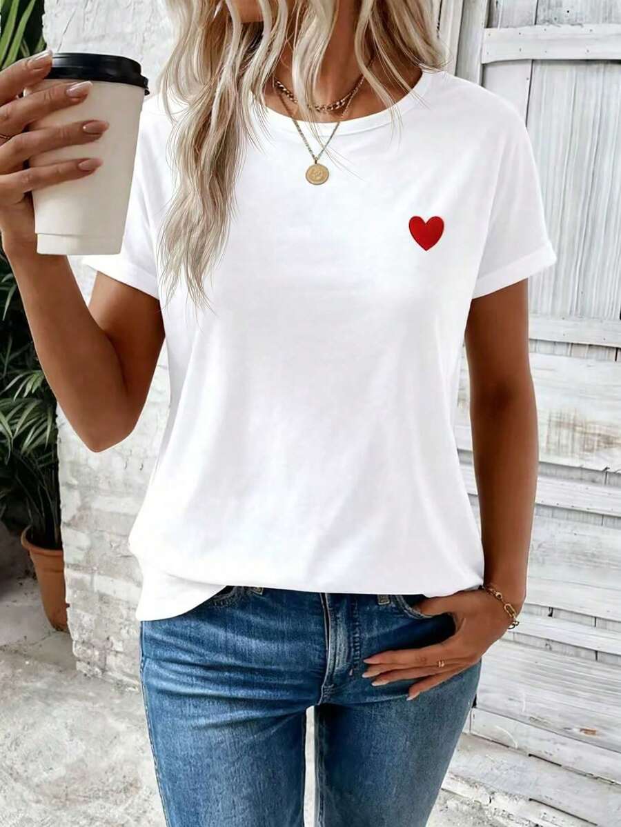 ChristmasEMERY - Women's Short-Sleeved White Shirt With Heart Pattern, Ideal For Summer, Item. - 白色 - 查看 1