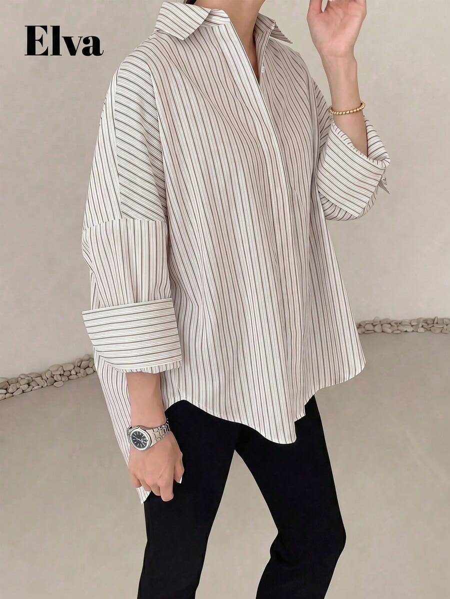 ELVA 女款長袖寬鬆上班襯衫,情人節、秋季、開學季 - 棕色 - 查看 1