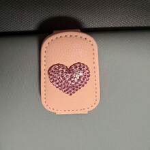 1pc Cute Rhinestone Heart Car Fashion Glasses Clip, Leather Sun Visor Eyeglass Holder, Multifunctional Card Clip For Car Interior Decoration - Love - View 6