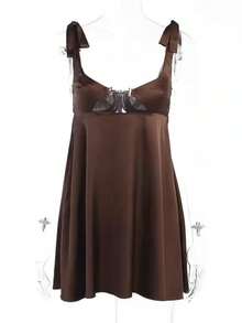 Vestido francés satén bandeja tirantes calado con cordón ajustable  elegante - Marrón - Ver 4