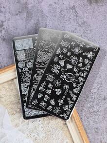 3件組美甲鋼板 1件印章刮板套組 塗鴉全印花花卉蝴蝶圖案美甲印章模板工具 - 銀色 - 查看 6