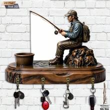 1pc 2D Wood Carved Key Holder, Single Pack. Fishing Lady Key Holder - Wooden Multifunctional Decorative Key Rack With 4 Metal Hooks, Suitable For Wall Decor, Room Decor, Seasonal Home Decor (11.8 X 9 Inches), Perfect For Halloween And Christmas Decorations. - Multicolor - View 2