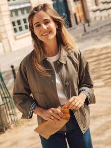 Women's Fashion Short Aviator Jacket, Front Button Closure, Plaid Lining Cuffs, Perfect Choice For Autumn Fashion - Khaki - View 6