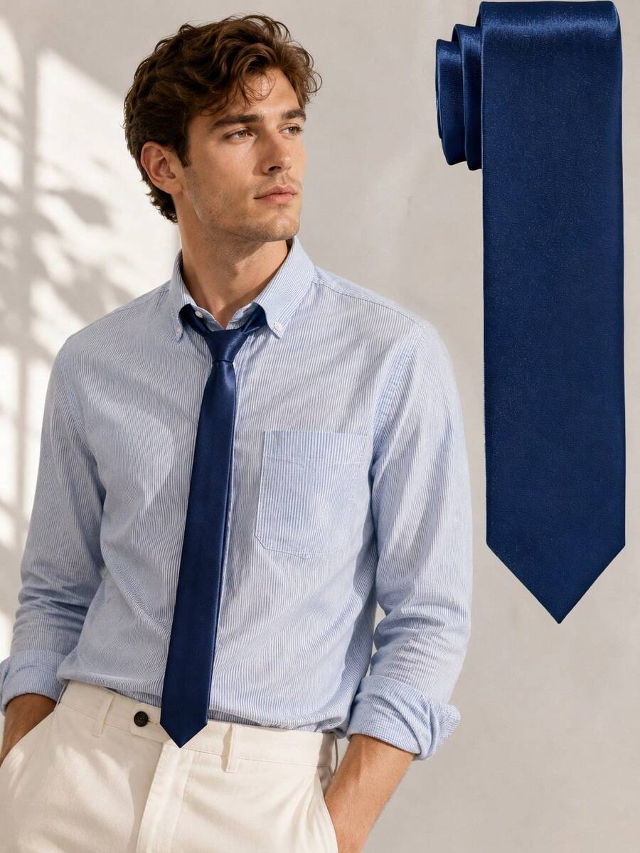 1PC Men's Solid Color Tie, Business Formal Narrow Tie (5cm) - Navy Blue - View 1