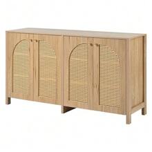 Modern Minimalist Sideboard With 4 Rattan Doors And Metal Handles; Simple Storage Unit For Dining Room, Living Room Or Kitchen (White) - 自然色 - 查看 7