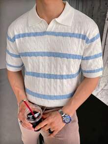 1件男士藍白條紋短袖V領鏤空針織POLO毛衣，休閒時尚，透氣網眼設計，適合春夏季 - 淺藍色 - 查看 2