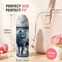 1pc 24oz Stainless Steel Water Bottles With Straw, Frozen Wolf Forest Design Tumbler Wrap For Wolf Lovers, Adults, And Winter Holiday Gifting, Featuring A Mystical Icy Wolf In A Snowy Woodland Scene. - 彩色 - 查看 5
