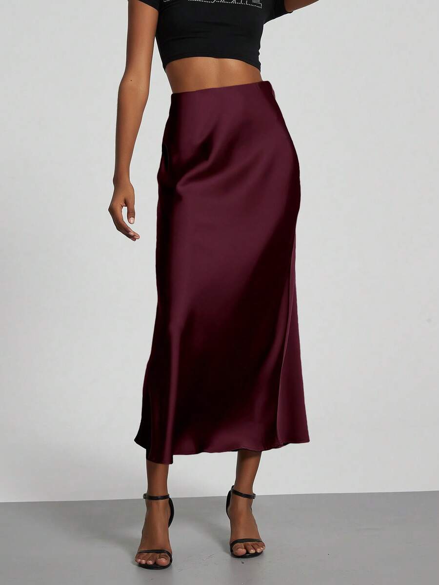 Elegant Textured Satin Midi Skirt That Flatters The Figure. - Ankera Red - View 1