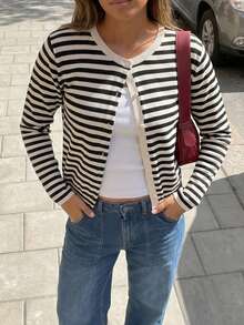 Women's Round Neck Striped Knit Long Sleeve Top - Multicolor - View 7