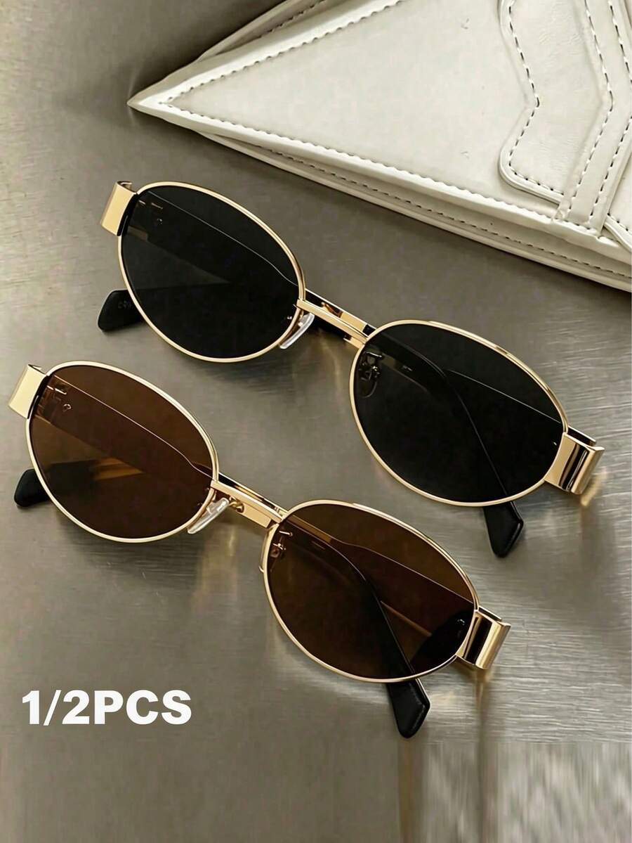 1 pieza/2 piezas Gafas de metal ovaladas retro, unicolor, para uso diario, conducir, playa, senderismo, fiesta, festival, se adapta a todos los rostros, regalo elegante & de alta calidad