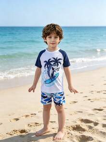 Kids' 2pcs/Set Swimwear, Young Boys' Swimming Trunks & Shirt Beach Wear - White - View 9