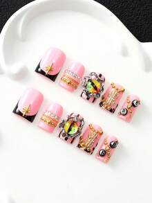 10 Buah Kit Kuku Palsu French Press Gel Multi-Layer Akrilik Buatan Tangan dengan Alat Kuku, Ujung Kuku Palsu 3D yang Dapat Dilepas dan Dilukis Tangan dengan Hiasan Mata Jahat & Rhinestone Logam Dollar, Gaya Gadis Keren Manis Y2K untuk Pakaian Pesta Liburan Sehari-hari, Dapat Digunakan Kembali - MultiWarna - View 3