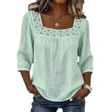 2026 New Summer Solid Color Casual Square Neck Lace Trim Three-Quarter Cotton-Linen Short Sleeve Top For Women - Red - View 6