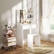 Vanity Table And Stool Set, Makeup Desk With Mirror, 3 Shelves And Storage Drawers, White, 75 X 40 X 137 Cm - 白色 - 查看 3