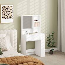 Vanity Table With Mirror, Makeup Desk With Drawer And 3-Tier Side Shelves, White - White - View 8