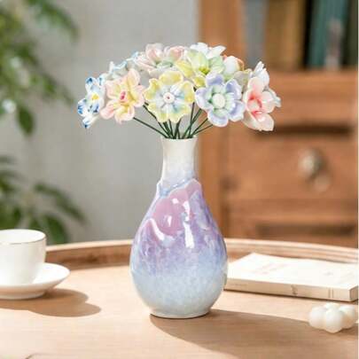 1 Set Of Mini Narrow Neck, Glossy Art Glazed Ceramic Vases, Decorative Small Flower Bud Vases, Desktop Decorations, Bedroom, Home Decorations, Desktop Storage Supplies And Accessories, Christmas Home Decorations, (Mixed Color Ceramic Flowers)