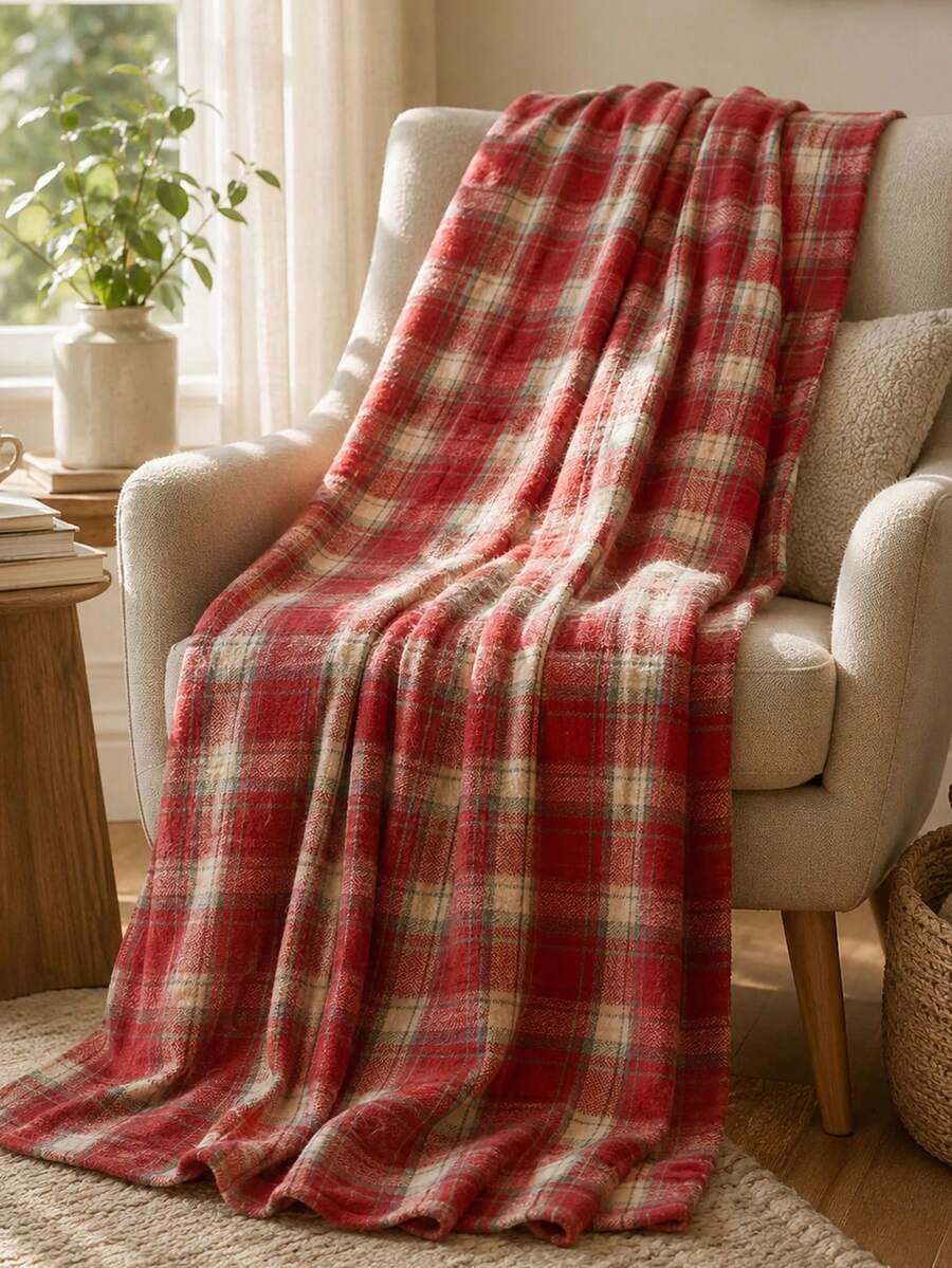 1 buah Selimut Rajut Warna Polos, Selimut Lembut Gaya Nordik dengan Desain Rumbai, Selimut untuk Tidur Siang di Kantor, Selimut Tempat Tidur, Selimut Sofa, Cocok untuk Penggunaan Sehari-hari - kemeja kotak-kotak merah terang - View 1