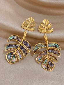 1Pair Summer Turtle Backed Leaves Abalone Shell Earrings For Women Stainless Steel Dangle Earrings For Travel Vacation Season Festival Jewelry Gifts - Multicolor - View 6