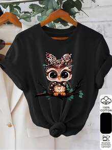 Camiseta casual de verano para mujer con estampado de búho y manga corta - Negro - Ver 2