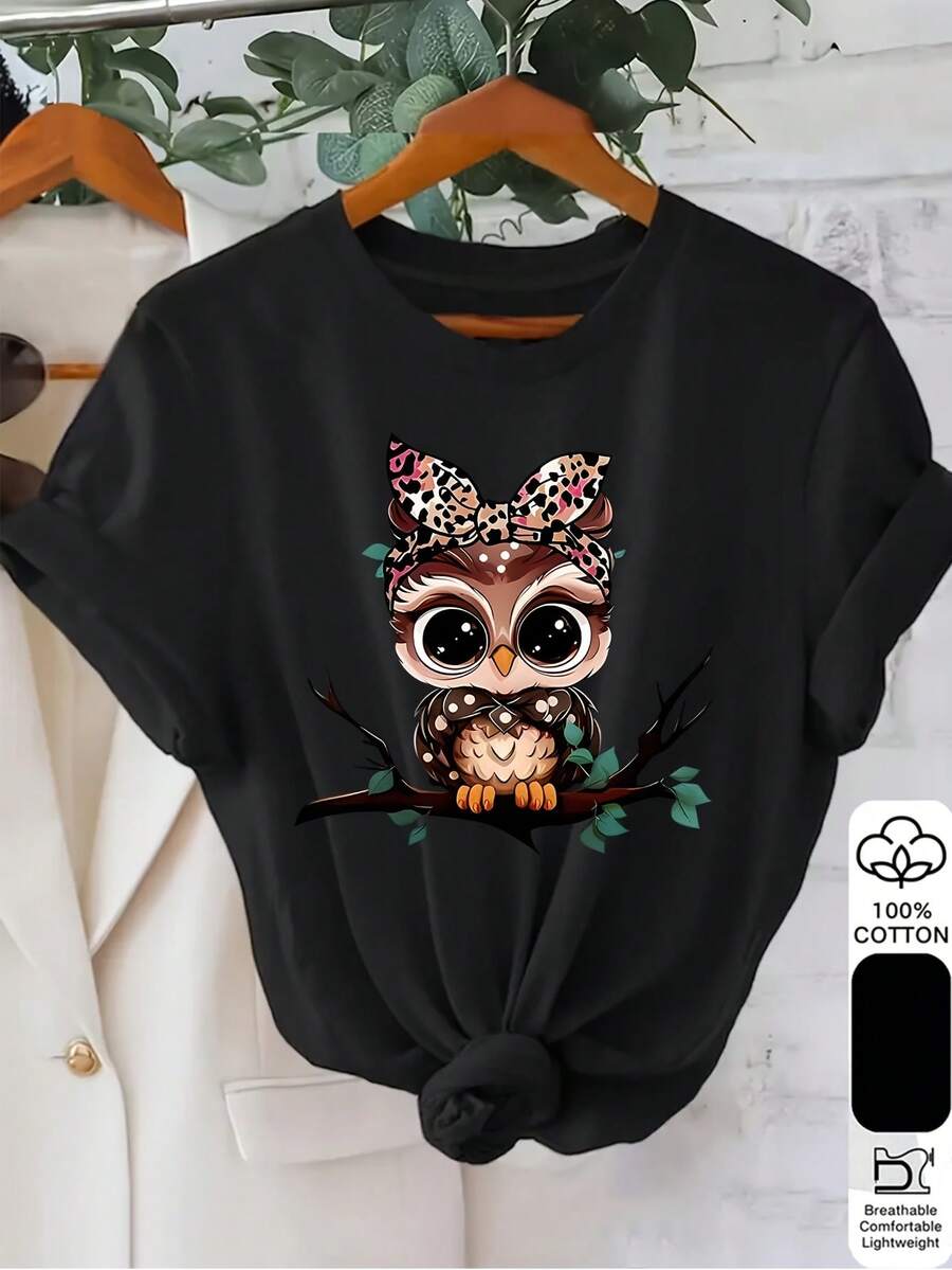 Camiseta casual de verano para mujer con estampado de búho y manga corta