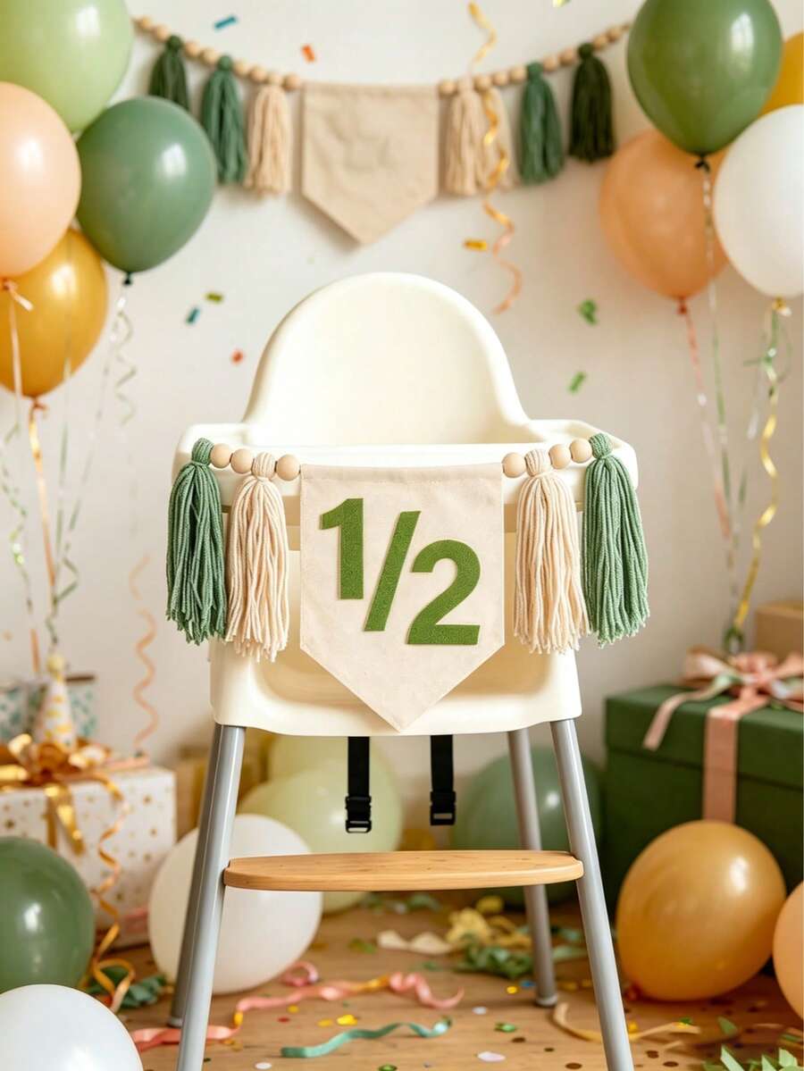 波西米亞風木珠流蘇 1/2 生日掛旗、多色高腳椅木珠吊飾掛旗、寶寶半歲派對背景裝飾 - 彩色 - 查看 1