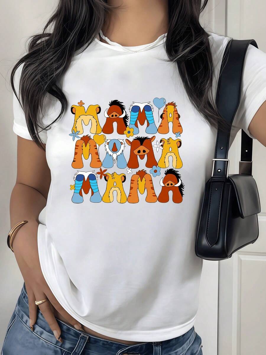 Colorful Letters Spell Out The Word MAMA With Cute Animal, Flower, And Heart Motifs Expressing Love And Joy. Modern Casual Women's T-Shirt - 白色 - 查看 1